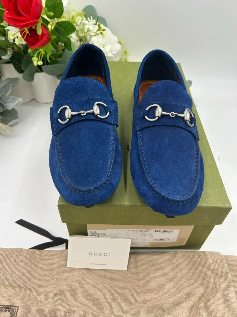 Men's Gucci horse bit blue suede loafers size 7 fits 8 US made in Italy